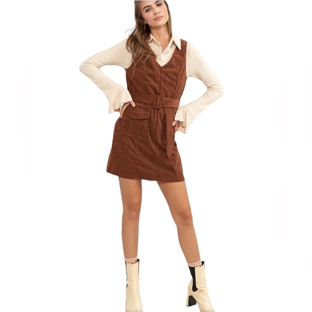 HYFVE Brown Corduroy Mini Dress with Belt